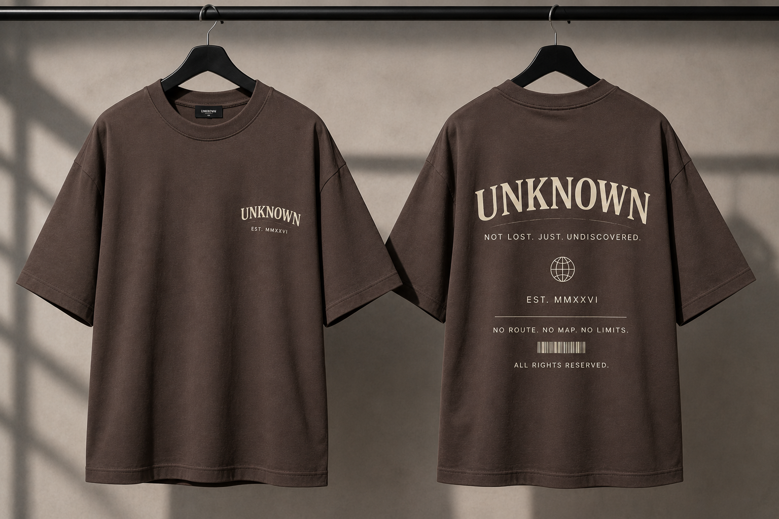 Unknown Tee – Front and Back flat lay on hanger