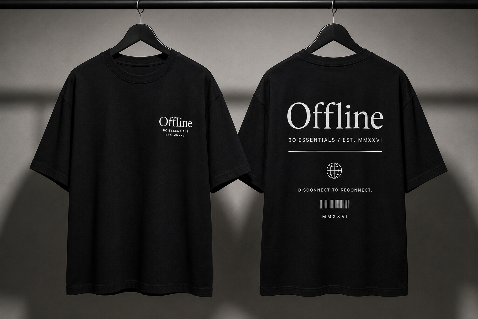 Offline Tee – Front and Back flat lay on hanger